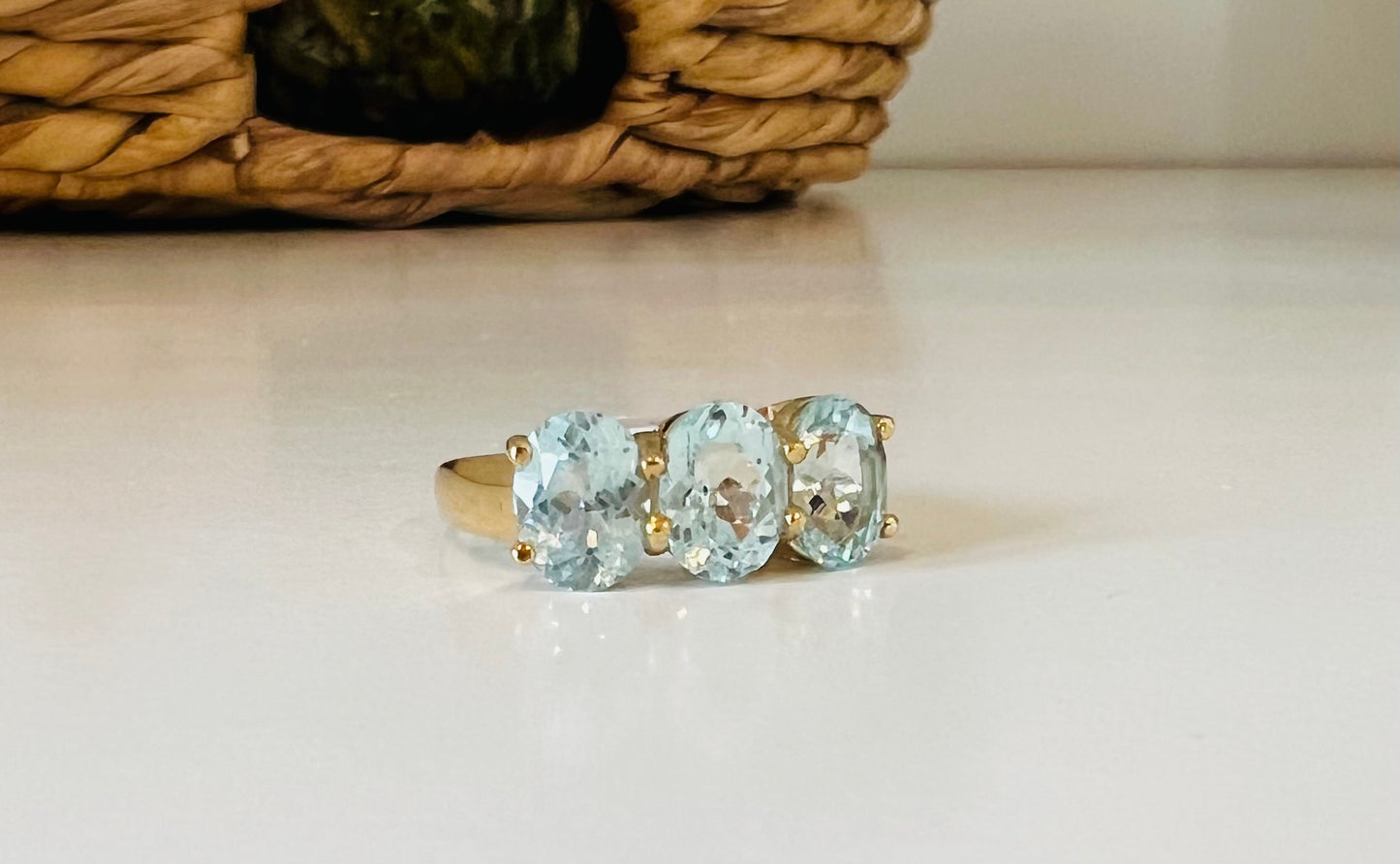 3 Stone Blue Apatite in Gold size 6